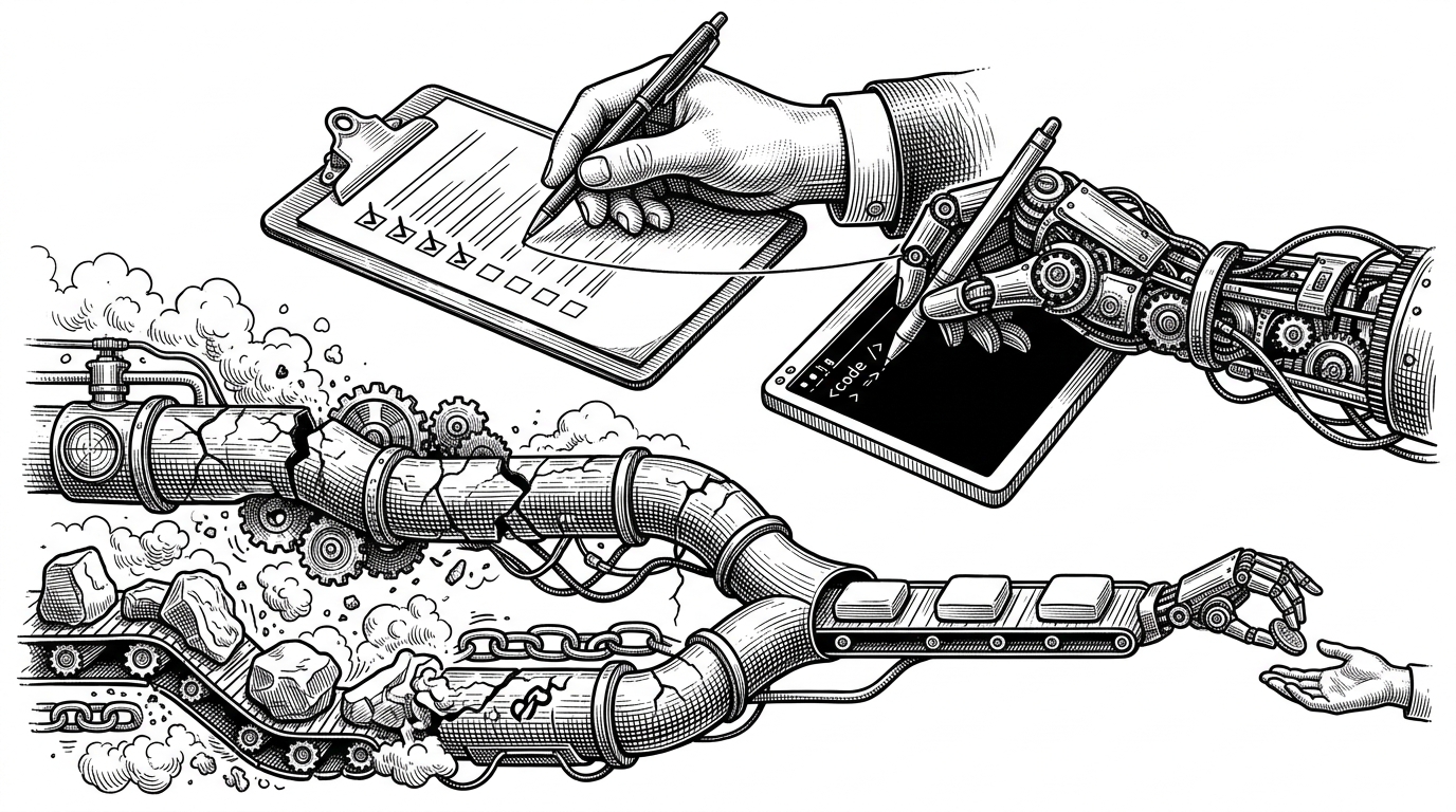A close-up view of two checkout routes inside a fractured pipeline. One branch is a browser path with thick, tangled friction and extra turns. The other is a slim API path carrying the payload cleanly through fewer moving parts, with small cues for Burp traces, session reuse, and a manual payment handoff at the end. It explains why Savana optimizes by removing unnecessary browser work.