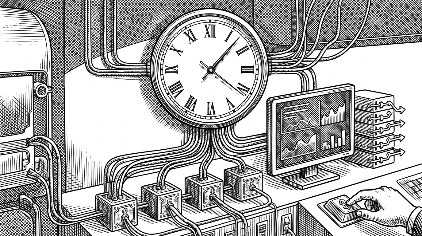 A wide control room scene with a central clock, several account nodes linked by thin network lines, a dashboard monitor, and proxy routes stacked beside a hand reaching for a manual payment key. It explains that Savana treats checkout as a coordinated timing problem, not a single browser action.