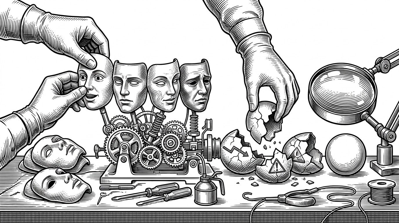 A close-up workbench scene shows several masks being placed onto the same thinking engine, then three cracked shells being removed while one intact concept remains under a magnifying lens. The image explains how the system uses frames to diversify thinking and then strips away trap-laden options before deepening anything.