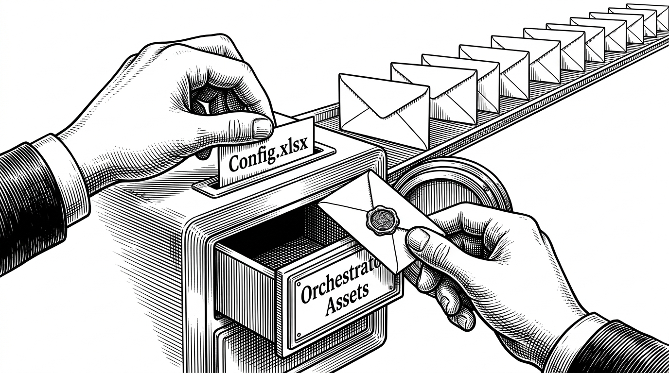 A close-up editorial scene of one hand sliding a setting card labeled Config.xlsx into a control panel while another hand withdraws a sealed token from a vault drawer representing Orchestrator Assets. The vault token sits on top of the local card, explaining runtime precedence over static settings.