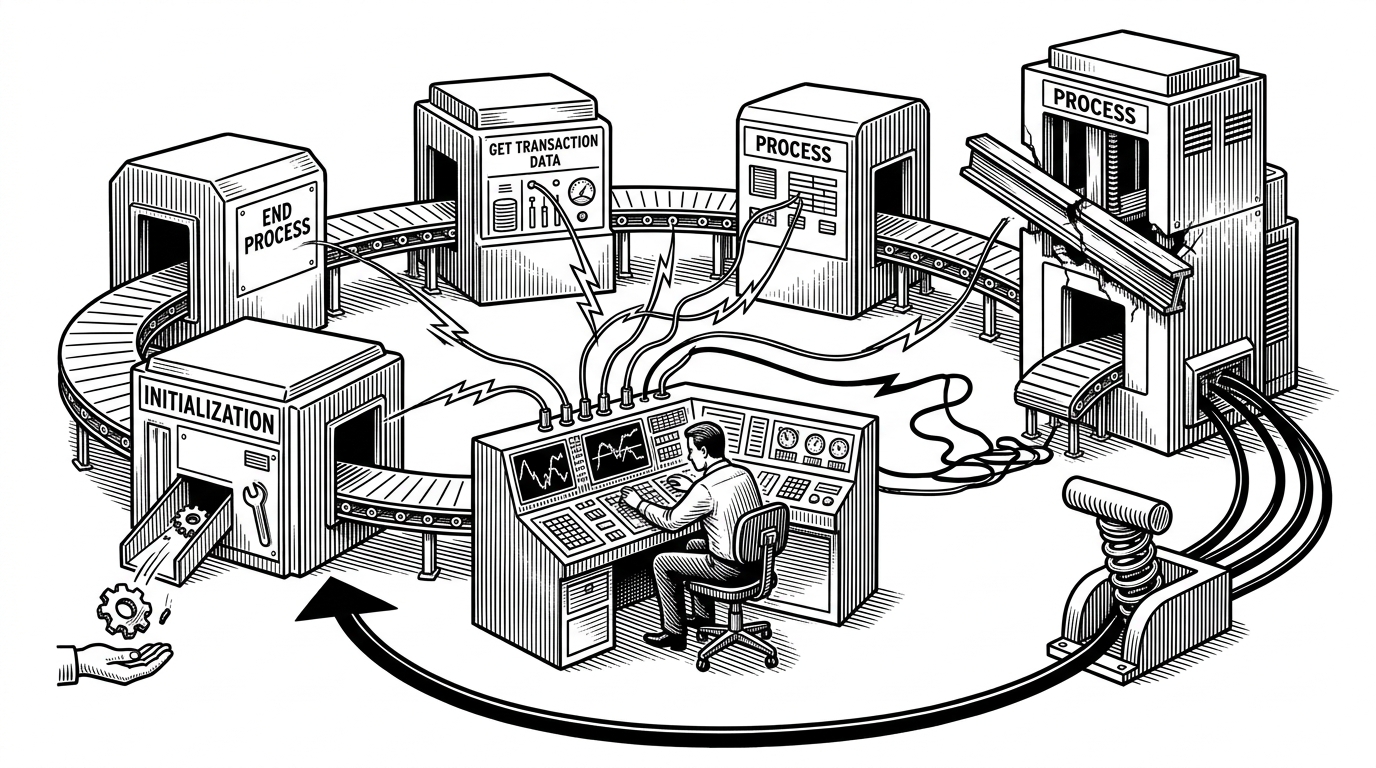 A wide editorial scene of a control room where a central operator routes signals between four stations in a loop. One branch diverts a broken gear into a side chute while another triggers a reset lever, explaining how the framework separates recoverable business problems from system failures.