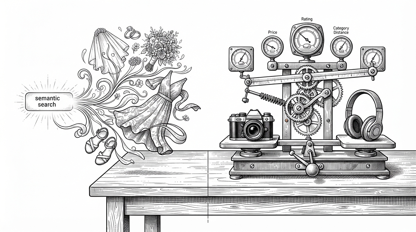 A close tabletop split into two recommendation systems. On the left, a loose cluster of objects blooms from a broad shopping prompt, suggesting semantic intent. On the right, a measuring rig compares product features with gauges and weights, pulling one item closer because it matches the same category. It explains why ShopMate uses Gemini for meaning and KNN for similarity.