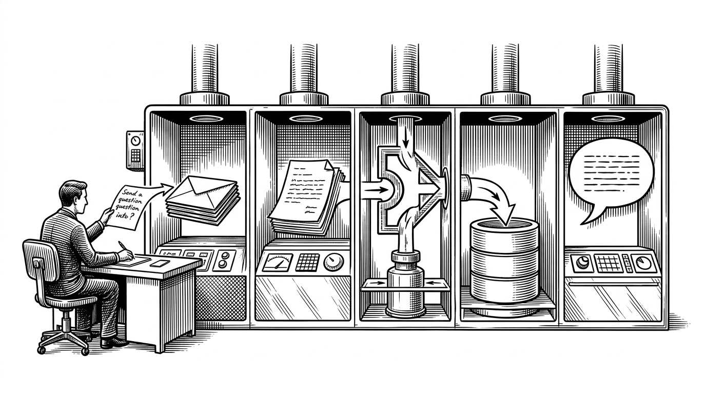 A wide editorial scene shows a supply chain manager asking a question at a desk while a multi-stage machine processes the request. The question passes through planner, writer, validator, executor, and synthesiser stages before a final answer emerges. It explains that DataChat is a controlled pipeline rather than a direct chat interface.