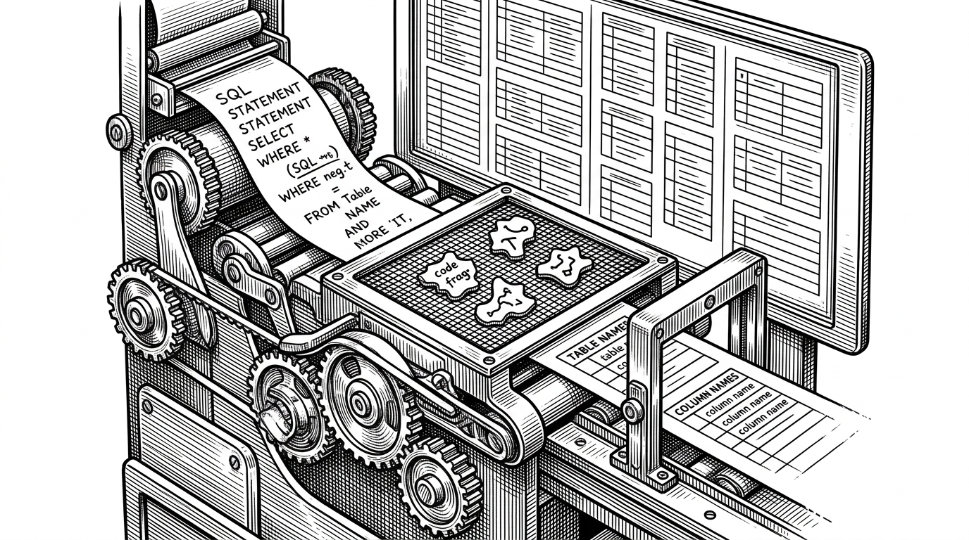 A close-up shows a handwritten SQL query being pushed through a mesh filter inside a machine. On one side, tokens and identifiers are compared against a visible schema board with tables and columns. Invalid names snag on the filter, while approved names pass through cleanly. It explains how schema-aware validation protects the database from hallucinated SQL.