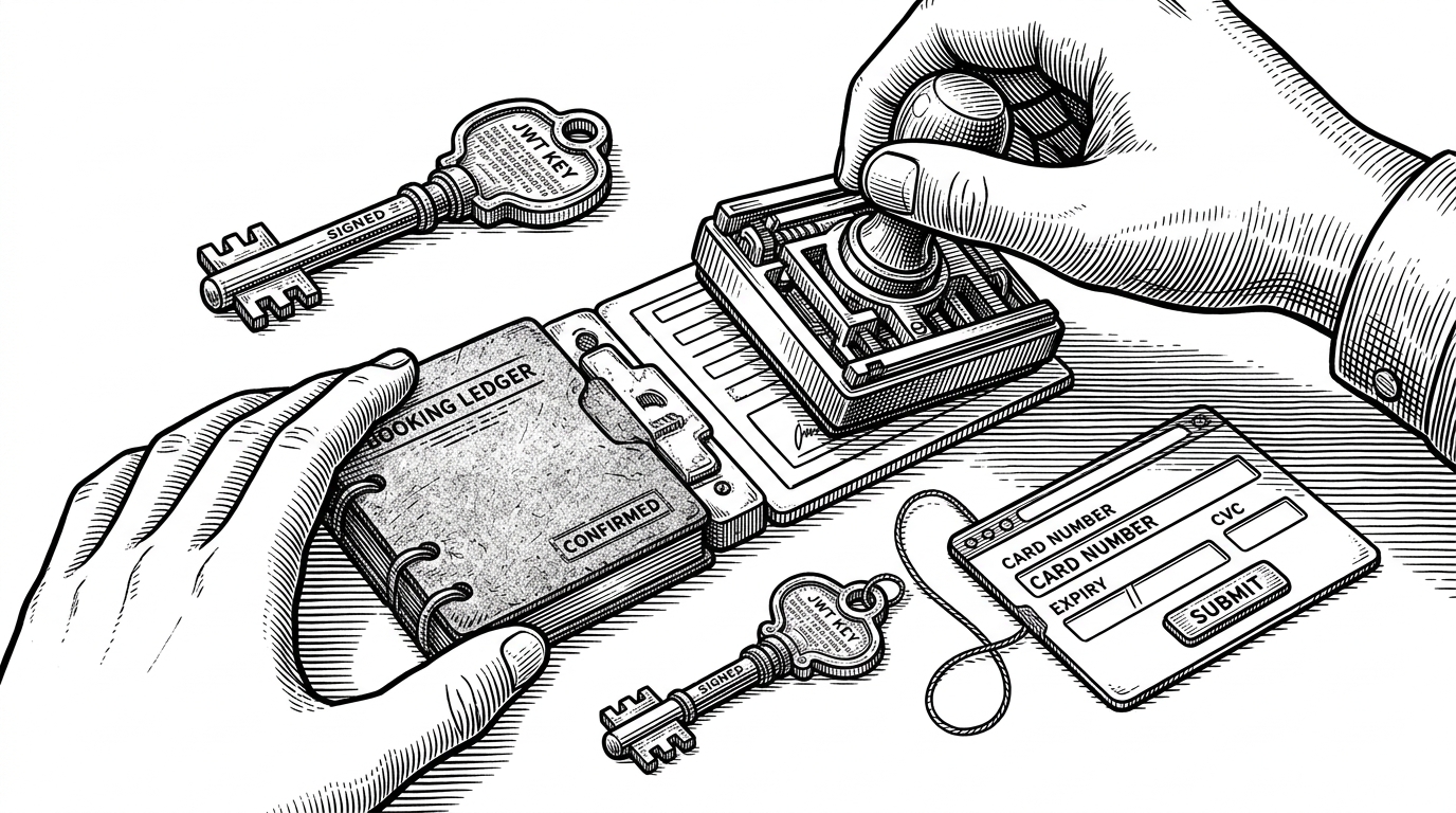 A close-up workshop scene where two hands assemble a checkout flow from a JWT key, a validation stamp, a booking ledger, and a browser card. The pieces sit on a bench like parts in a system that can be repaired and reconfigured.