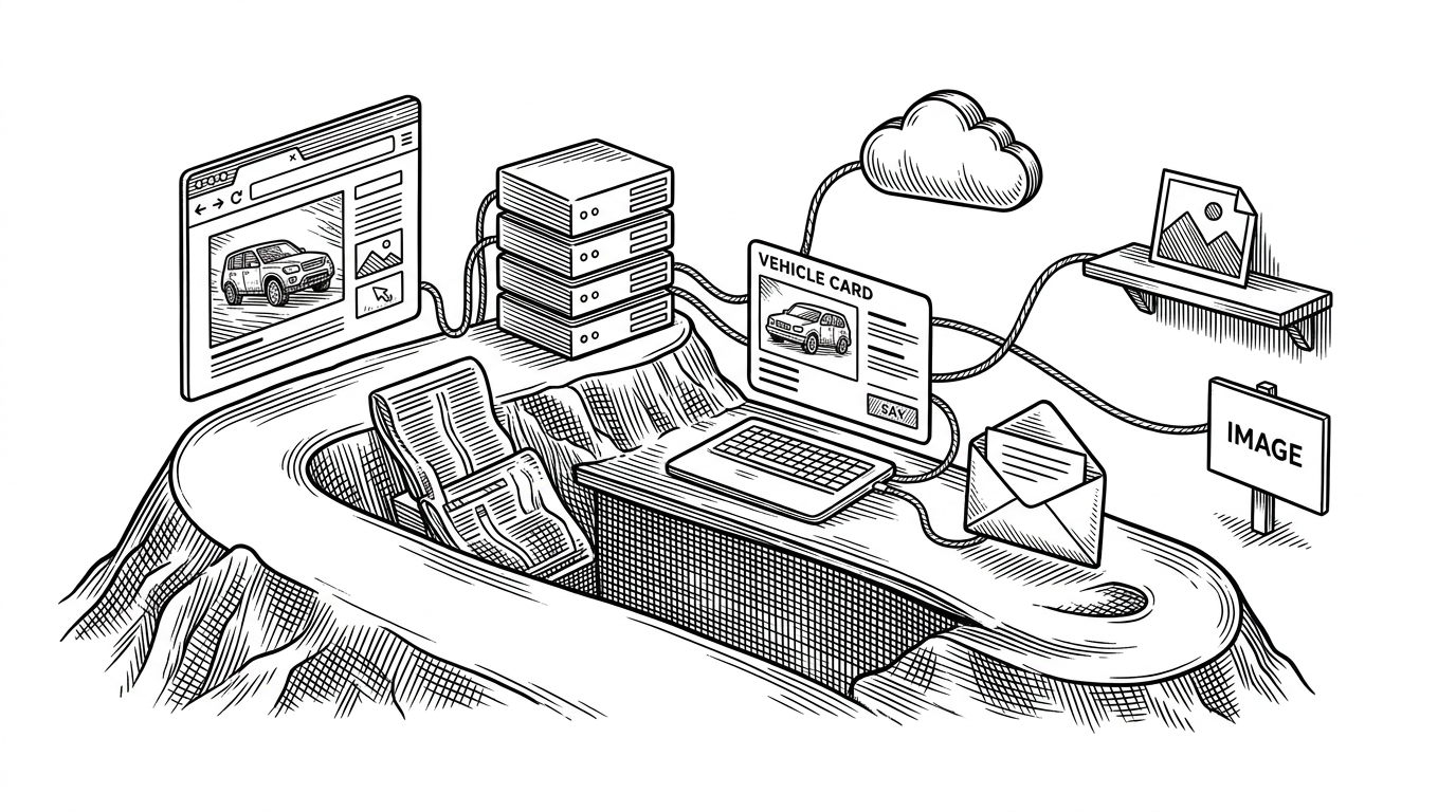 A wide editorial illustration of a roadside rental counter assembled from browser windows, server components, and vehicle cards. Multiple threaded paths branch to Cloudinary, a local image file, and a placeholder sign, showing how the system keeps working when dependencies are missing.