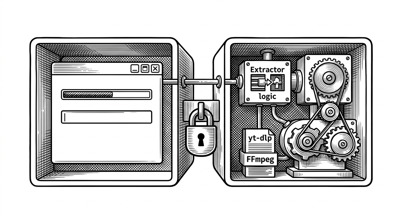 Two linked chambers are shown in close-up. The left chamber is a UI thread with a live progress bar and window controls that stay open and responsive. The right chamber is a sealed worker compartment where yt-dlp and FFmpeg grind away, with a narrow conduit carrying progress back and a lock mechanism preventing collisions.
