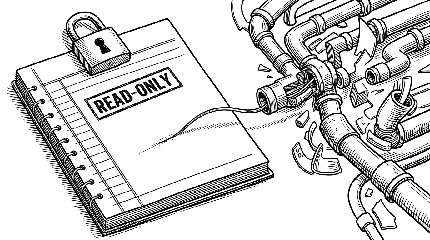 A split editorial scene shows a pristine file page on one side and a kernel networking path on the other. A thin write path threads through zero-copy machinery and leaves a visible scratch in the page cache, explaining how a read-only target becomes mutable.