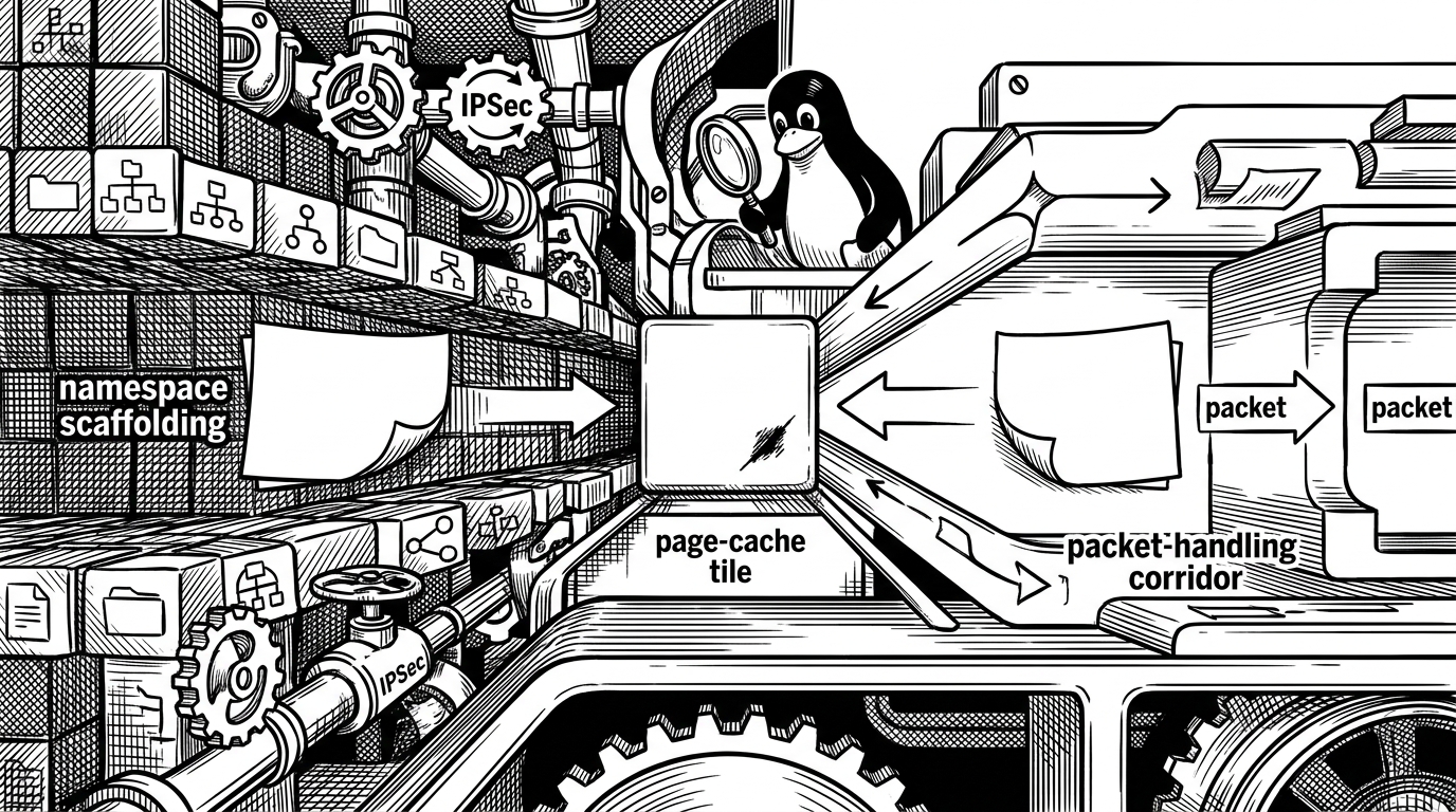 A close-up mechanical engraving shows a single pinned page routed through two narrow kernel corridors. One corridor is marked by xfrm-ESP and user namespaces, the other by RxRPC, and both converge on the same modified page-cache page.