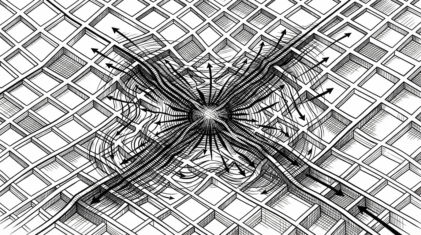 A close-up editorial illustration of contagion spreading through a grid of connected sectors on a white background. One stressed node sends weighted ripples through a matrix of blocks and arrows, showing panic as a structured propagation rather than a dramatic collapse. The image explains how ArthJAX models contagion as a linear operation over dependencies.