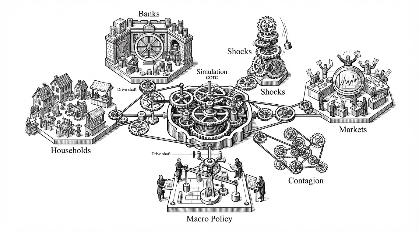 A wide editorial illustration of a compact economy rendered as a clockwork machine on a white background. Small linked mechanisms represent households, banks, markets, shocks, contagion, and policy, all wired into one central simulation core. The image explains that ArthJAX treats macroeconomics as a single compiled system rather than a pile of separate scripts.