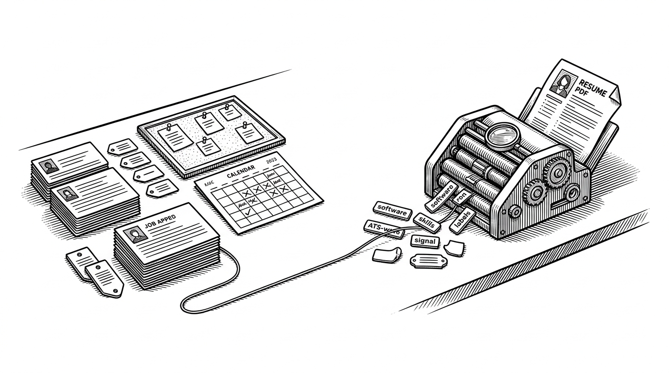 A wide editorial scene split across a tabletop. On one side sit job application cards, status tags, and a simple dashboard board. On the other side, a resume PDF is fed into a mechanical analyzer that outputs keyword tags and connects them back to the application cards. It explains that the repo is not only tracking jobs, but also extracting signal from the resume itself.