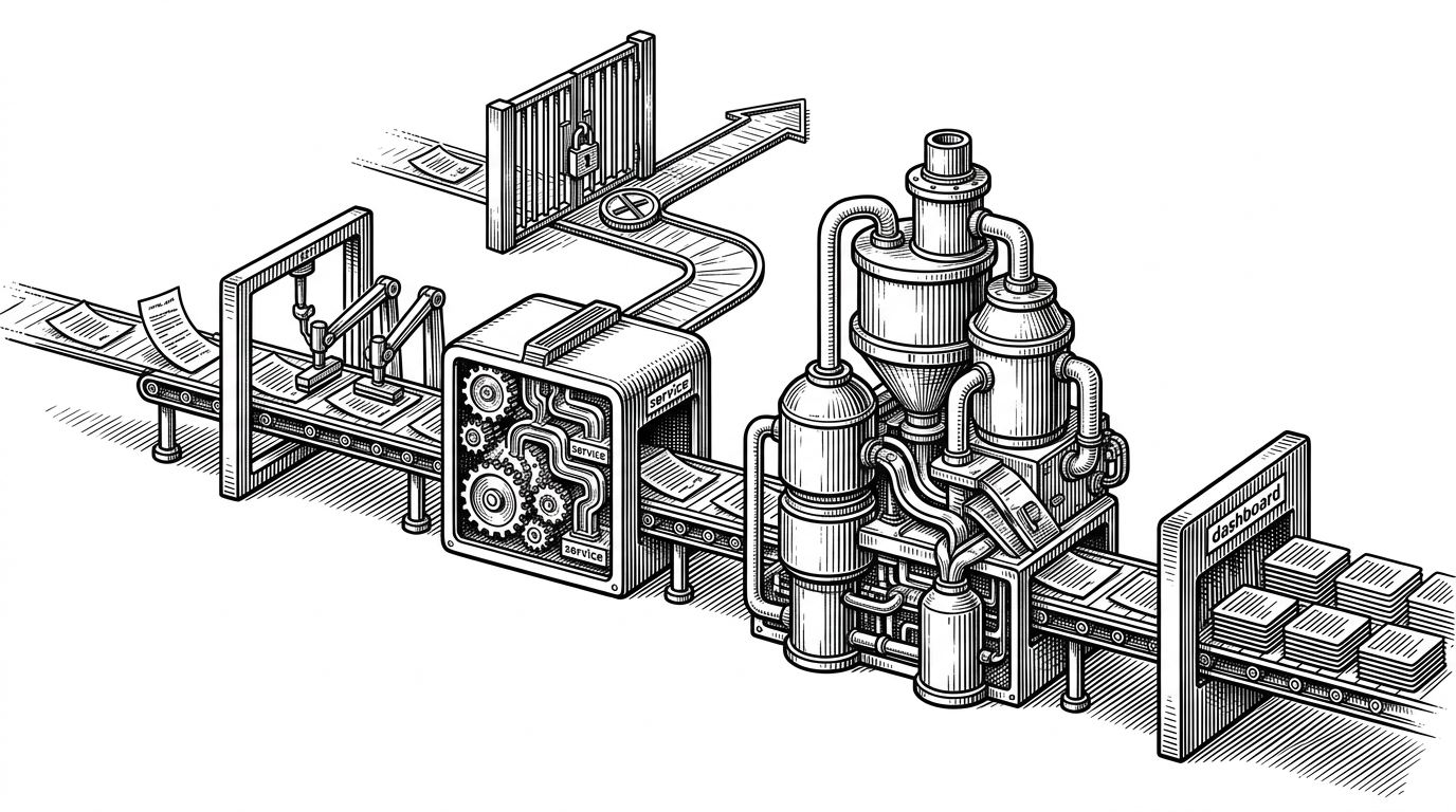 A close-up editorial scene of a service layer assembly line. A route enters from the left and passes through validation gates, then a service module, then a MongoDB aggregation chamber, and finally a dashboard output panel. A narrow side path shows an ownership check stopping unauthorized access at a locked gate. It explains how the backend is organized around clean request flow and data protection.