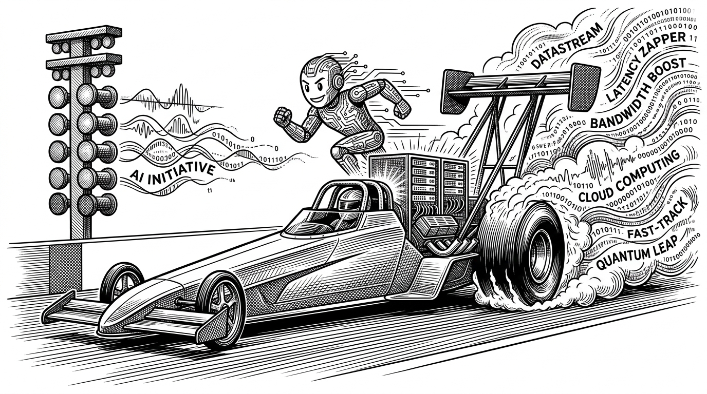 A sleek drag racer where the cockpit is filled with glowing server racks, leaving a trail of waveforms and text characters. This illustrates how Insanely Fast Whisper acts as a highly tuned engine for audio processing.