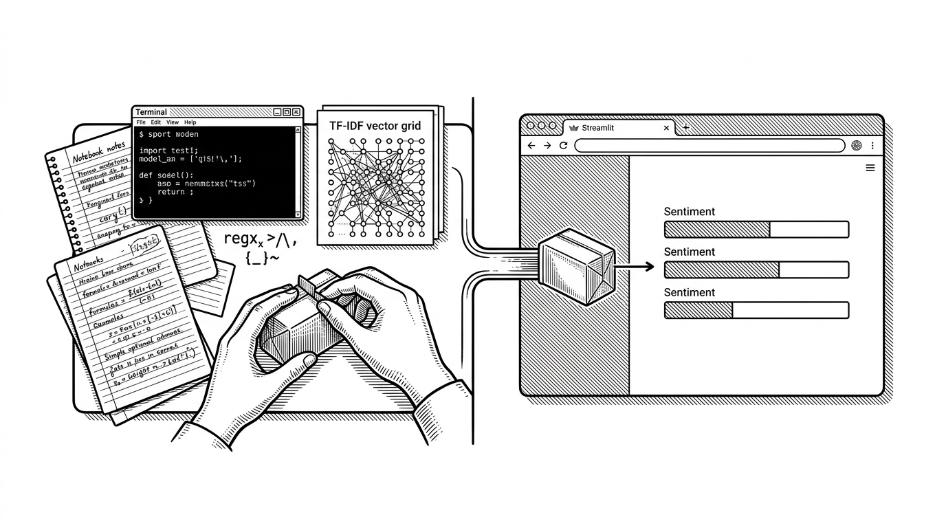A wide split-scene illustration shows a training desk on the left and a Streamlit app window on the right. Text notes, a compact model package, and preprocessing tools move through a narrow pipeline between them, explaining how the project bridges local model training and a usable web app.