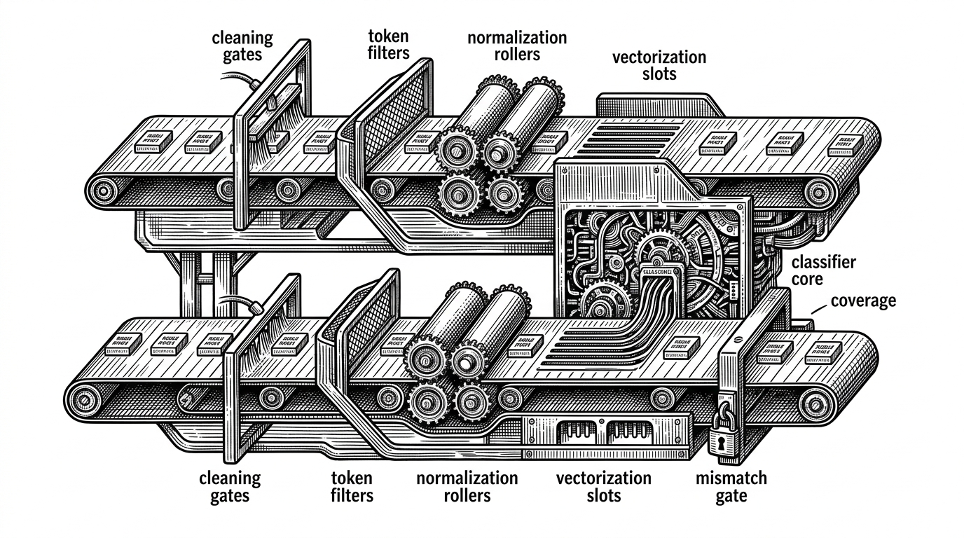 A close-up mechanical diagram shows two mirrored conveyor belts labeled by stage in the text pipeline. Both lanes pass through matching cleaning gates, token filters, and vectorization slots before joining the same model core, while a locked side gate signals what happens when preprocessing does not match.