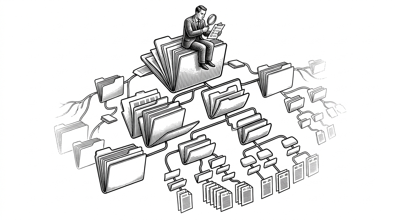 A sprawling document is drawn as a branching tree of folders, page tabs, and section labels. An agent stands at the top with a magnifying glass and checklist, choosing branches before descending into pages, which explains PageIndex’s structure-first retrieval model.