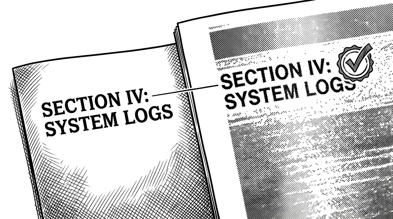 A close-up shows a TOC entry on the left and a PDF page on the right. A thin inspection line connects the section title to the matching page start, and a validation stamp appears only when the title actually matches the document page, explaining PageIndex’s fuzzy structural verification.