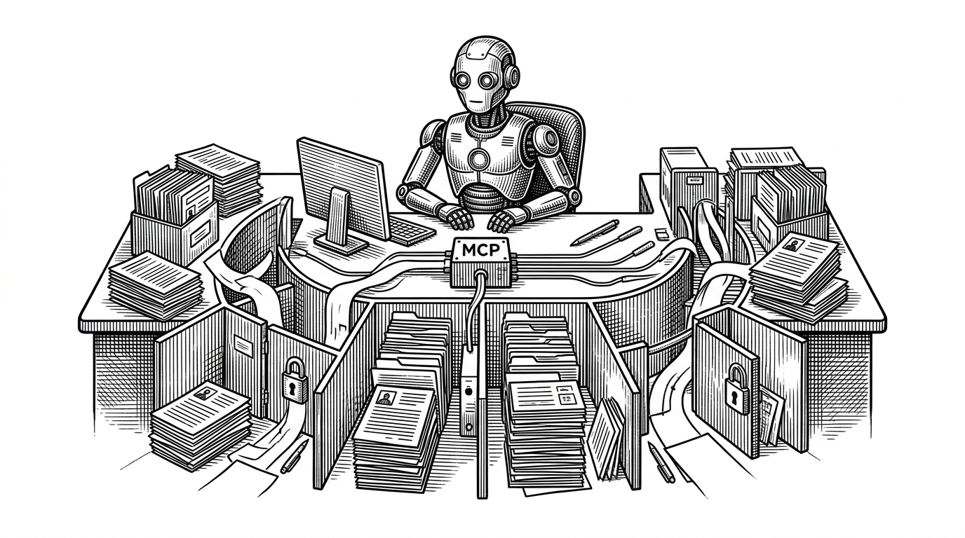 An AI operator sits at the center of an HR control desk while employee files, leave cards, and departmental gates radiate outward. A narrow MCP adapter feeds structured requests into the system, while locked corridors keep each department’s records separated. The scene explains that the interface is built for tool-calling under constraint, not for casual dashboard browsing.