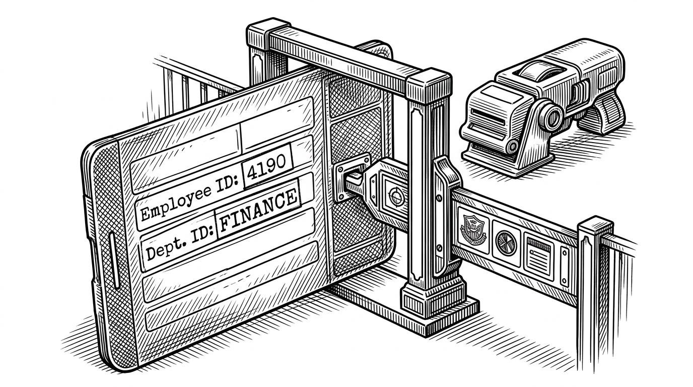 A sealed JWT card shows embedded employee and department claims as stamped fields, then passes through a security gate that only opens for matching departmental access. On the far side, an HR tool sits just beyond reach for the wrong department. The image explains that the token acts as an enforcement mechanism, not just an authentication receipt.