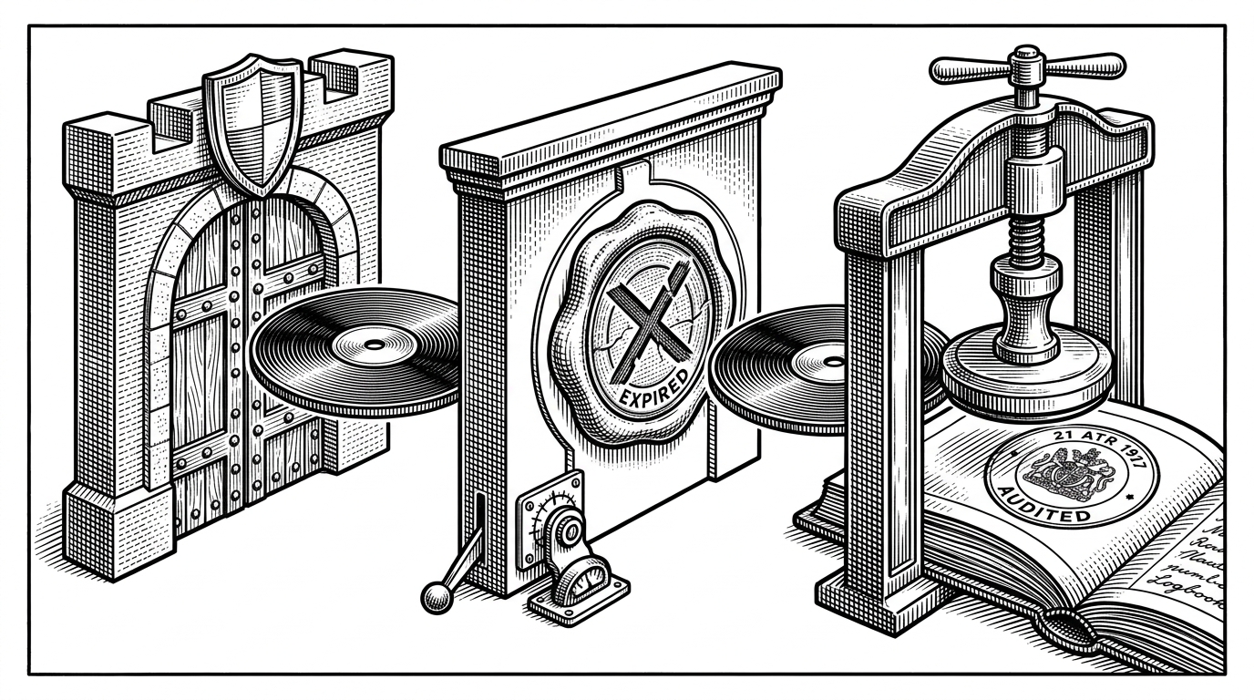 A close-up record token moves through three distinct gates labeled by their function: identity, consent, and audit. The image explains that access is not a single switch but a sequence of checks that culminates in a logged event.