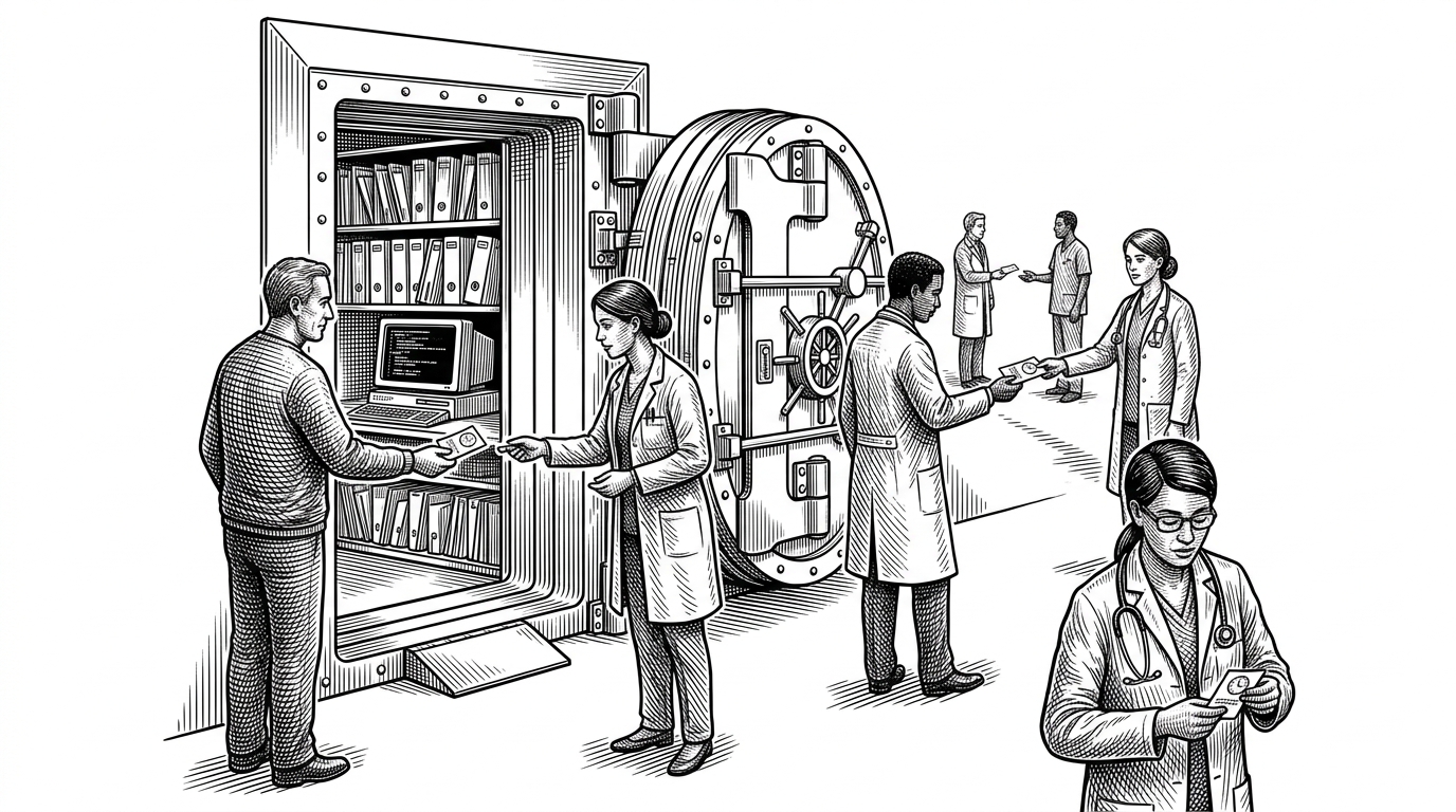 A patient stands before a vault door while clinicians receive small access slips that visibly expire. The scene explains the article's central idea: medical records are not a permanent open file, but a vault that can be granted, revoked, and audited.