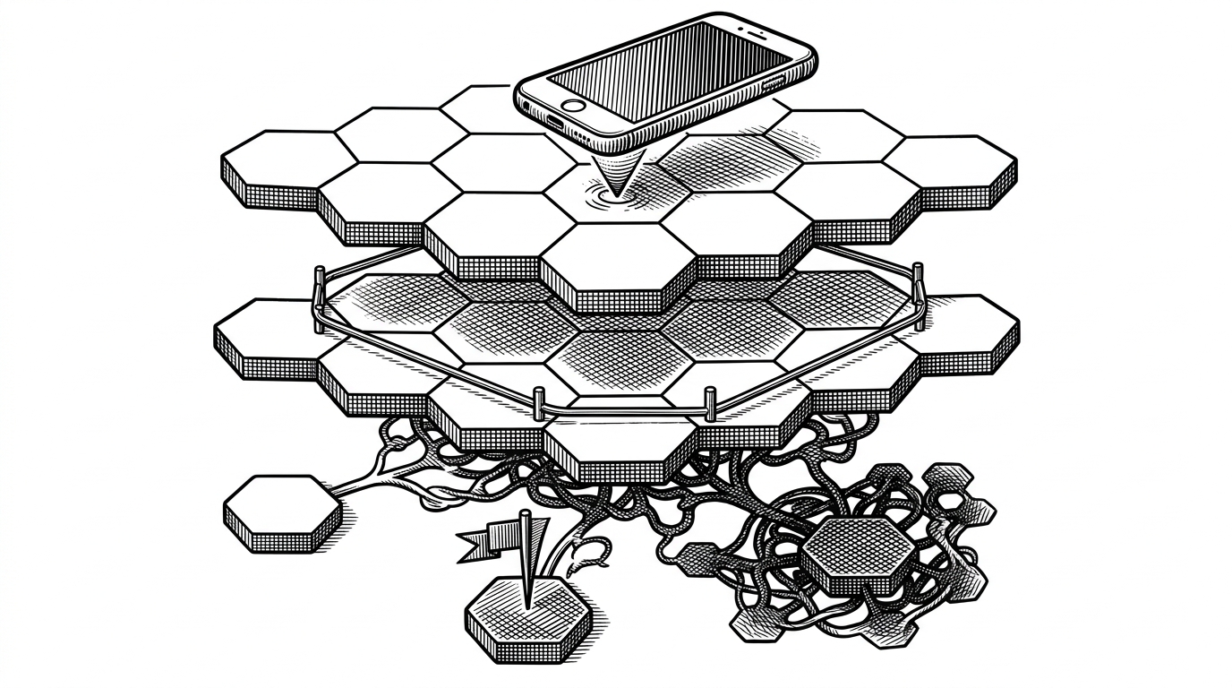 A close view of stacked hexagonal tiles shows a location ping entering one tile, a policy boundary wrapping around the grid, and a second layer beneath it with connected fraud nodes. The image explains how spatial coverage, worker presence, and trust checks share the same geography.