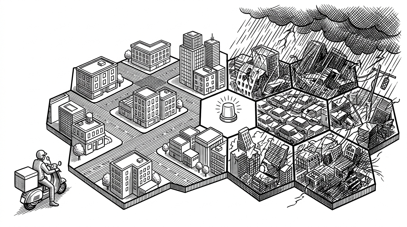 A delivery rider is stopped beside a city grid made of hexagons. One side is active and orderly, while the other collapses into storm, traffic, and signal noise. A single hexagonal panel in the middle glows like a payout beacon, showing how a bad zone can trigger an automatic payment.