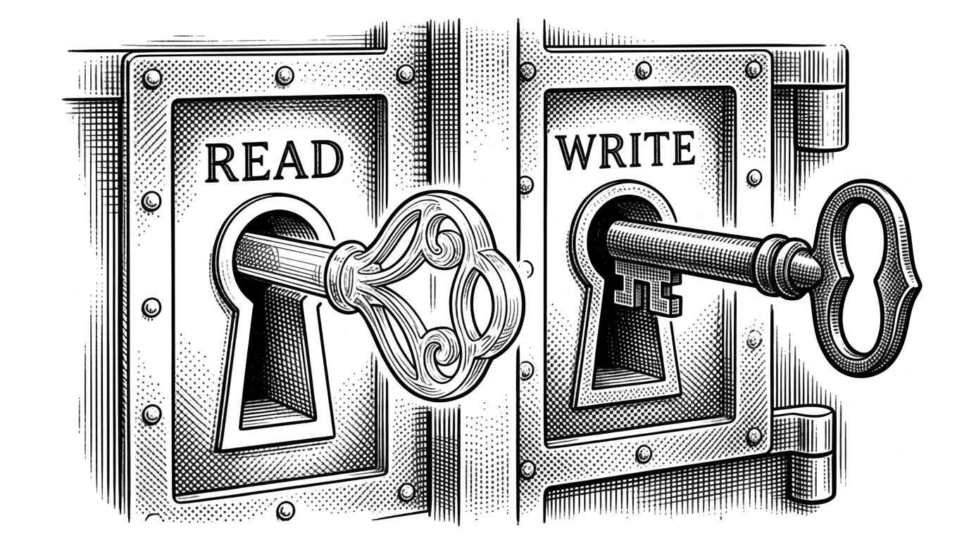 A heavy iron vault door with two keyholes, one labeled READ with a glass key, and one labeled WRITE with a heavy brass key, illustrating strict sandbox permissions.