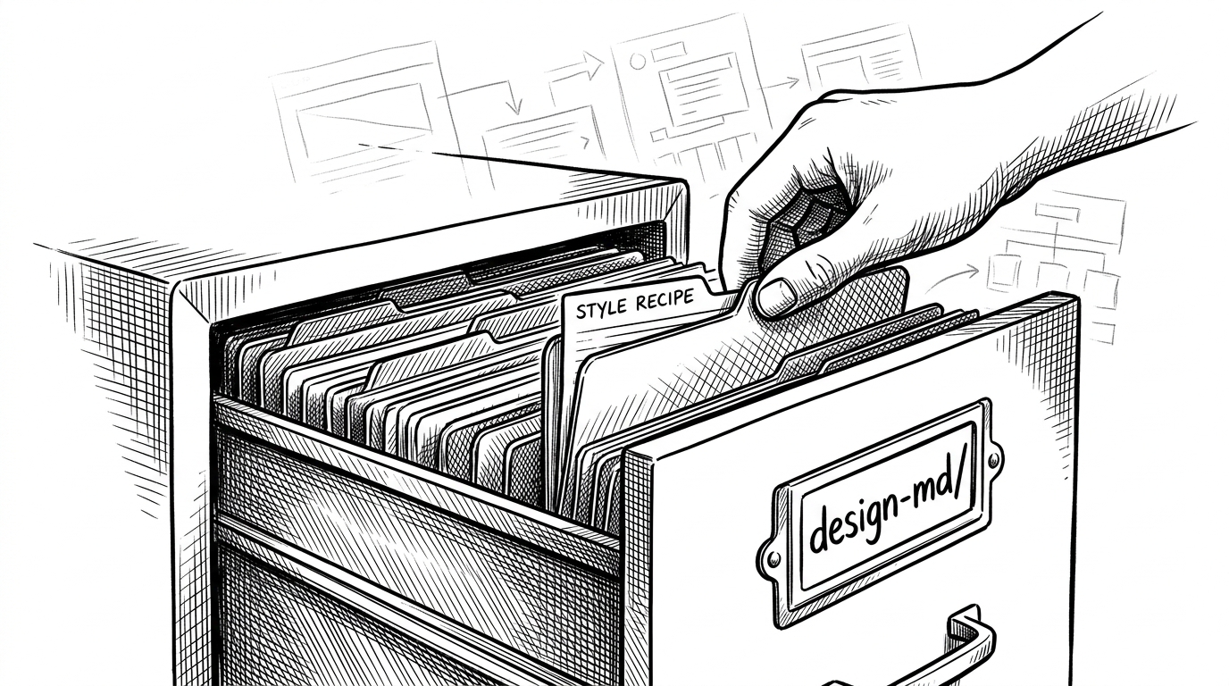 A close-up of a filing cabinet labeled design-md with one drawer pulled open to reveal neatly stacked brand folders and a sealed style recipe card. The image explains that the repo is a curated library of reusable visual systems, not a single design file.