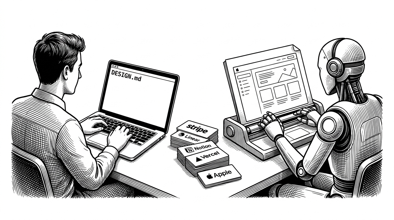 A developer and an AI drafting machine face each other across a desk, with a plain DESIGN.md file between them and brand cards stacked nearby. The scene explains how style moves from text into generated UI, turning taste into something an agent can read and reuse.
