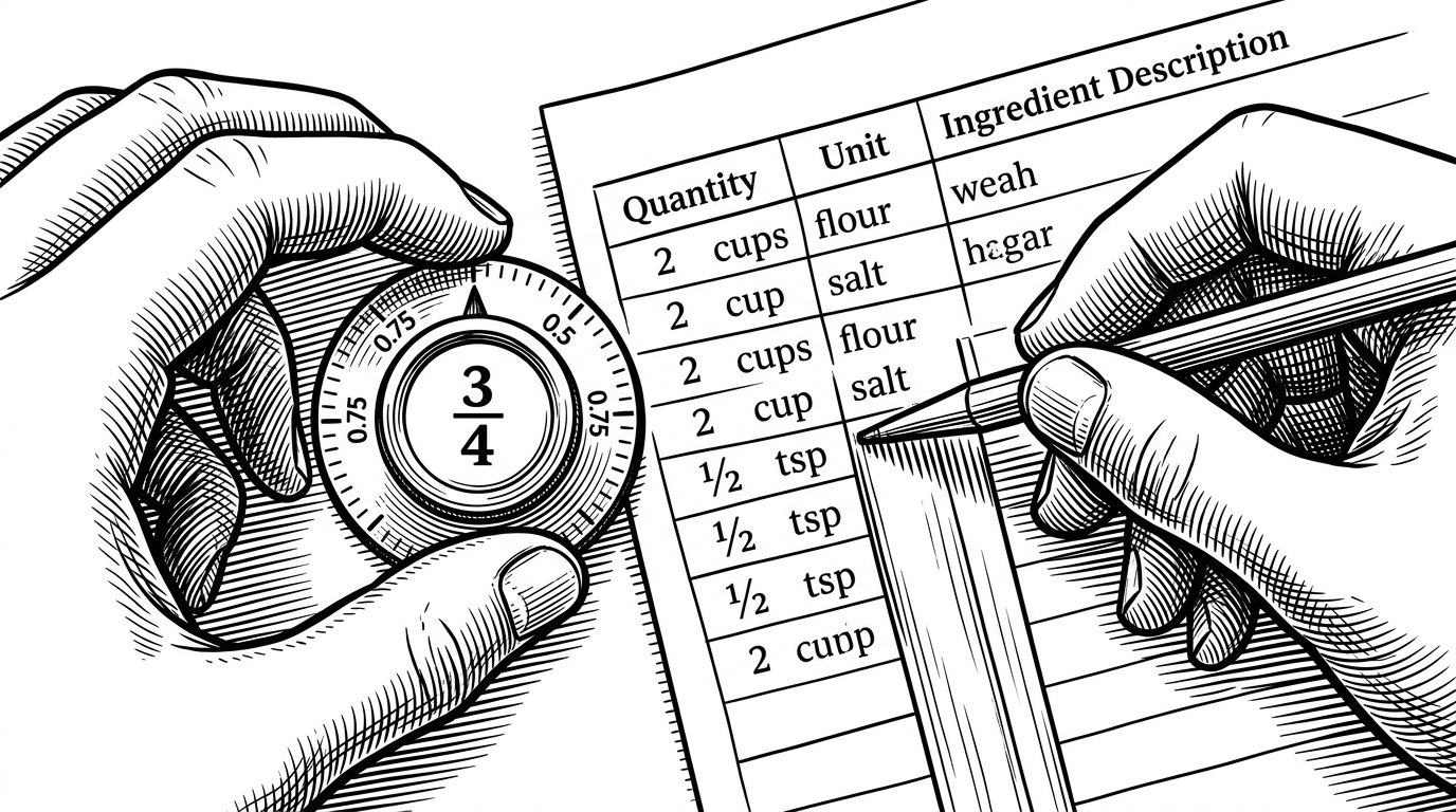 A close-up editorial illustration of hands sorting recipe ingredients into structured fields while a fraction wheel converts decimals into simple fractions. The scene shows precision at the scale of a single ingredient row, not a whole page.