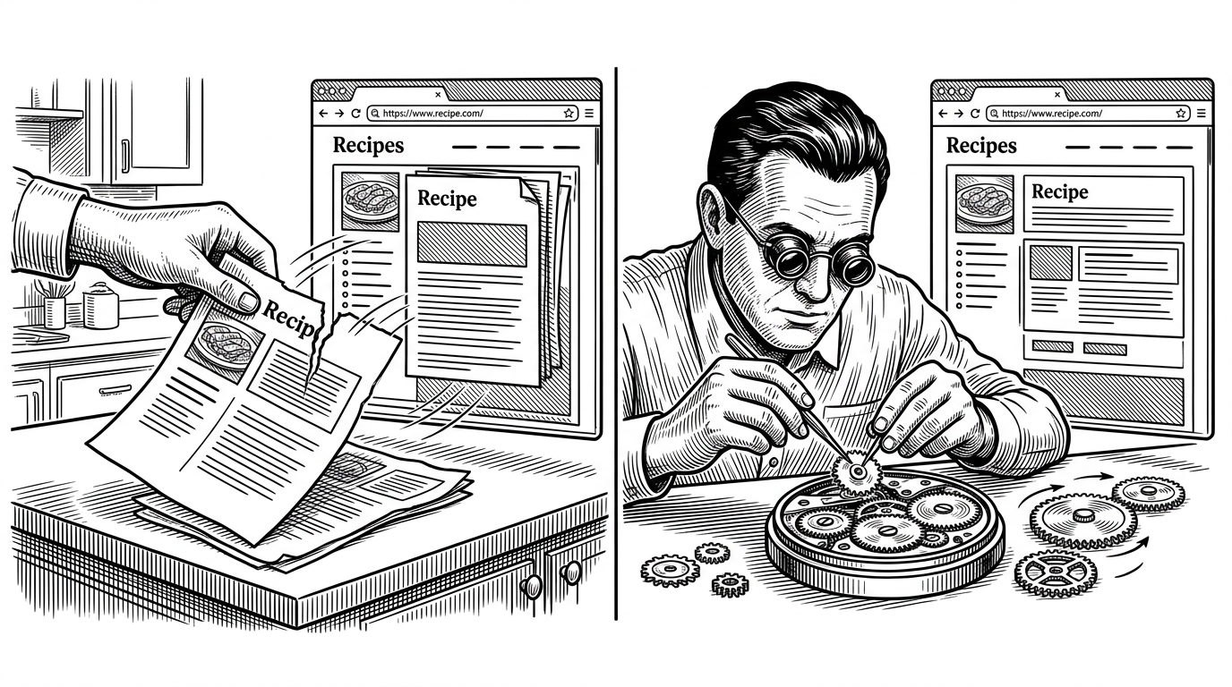 A wide editorial illustration of a kitchen counter and browser window split into two update styles. One side shows a page being torn out and replaced all at once, while the other side shows a watchmaker swapping a single gear tooth and leaving the rest of the mechanism moving.