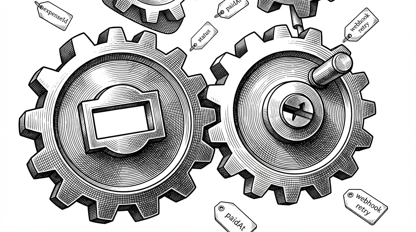 A close-up of two interlocking gears shows an approval mechanism with an empty approver slot and a payment mechanism blocked by a locking pin labeled as a paid-once guard. Small tags point to expenseId, status, paidAt, and webhook retry. The image explains why the system avoids duplicate payout.