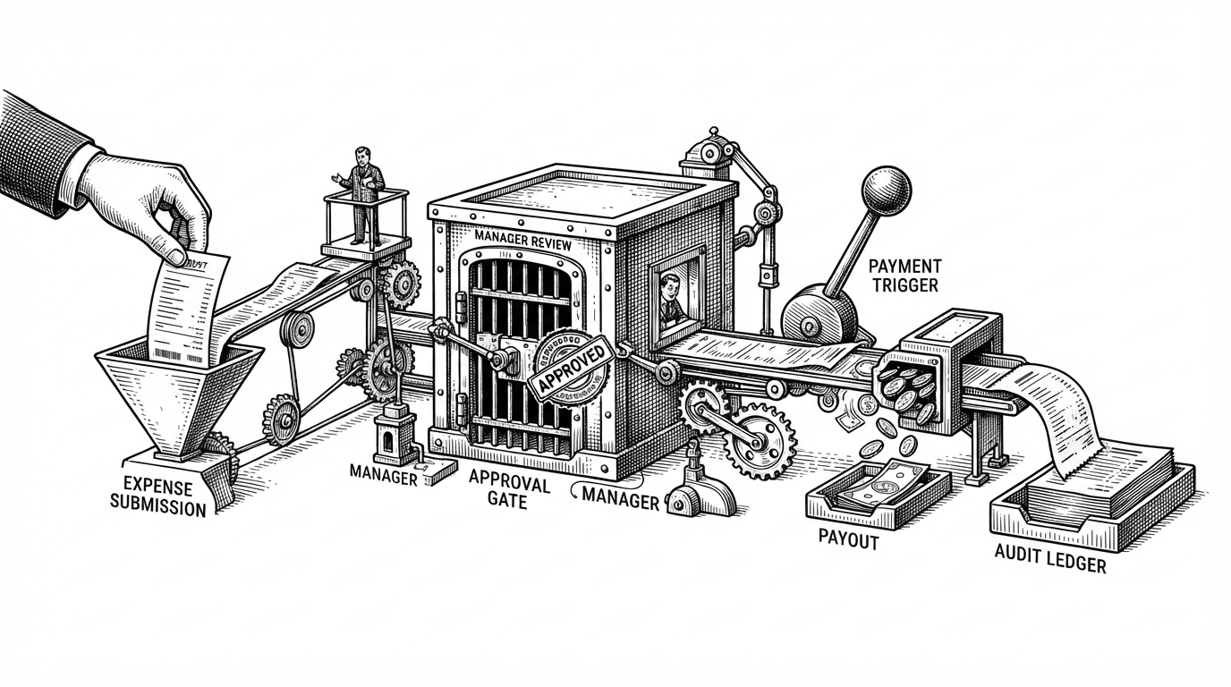 A wide mechanical relay system moves a single expense report from a receipt slot on the left through a stamped approval gate in the middle to a payout lever and audit tray on the right. The scene explains that the app is a controlled workflow, not a simple form database.