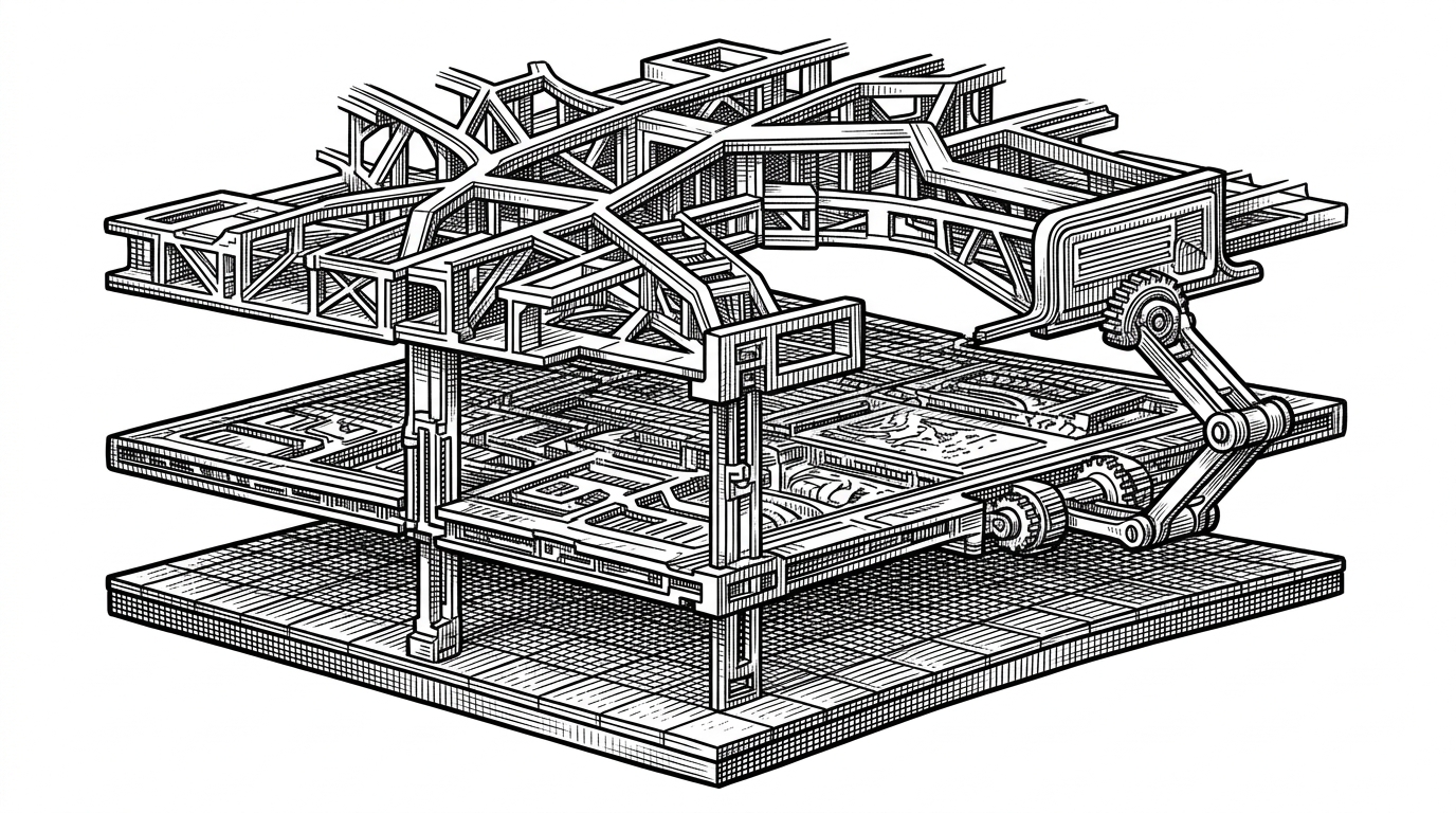 A close technical cutaway of the html-in-canvas pipeline, with a layout subtree above a paint snapshot and a GPU texture target below. A transform matrix bridges the drawn output back to the live DOM element, showing how interactivity stays synchronized with the canvas image.