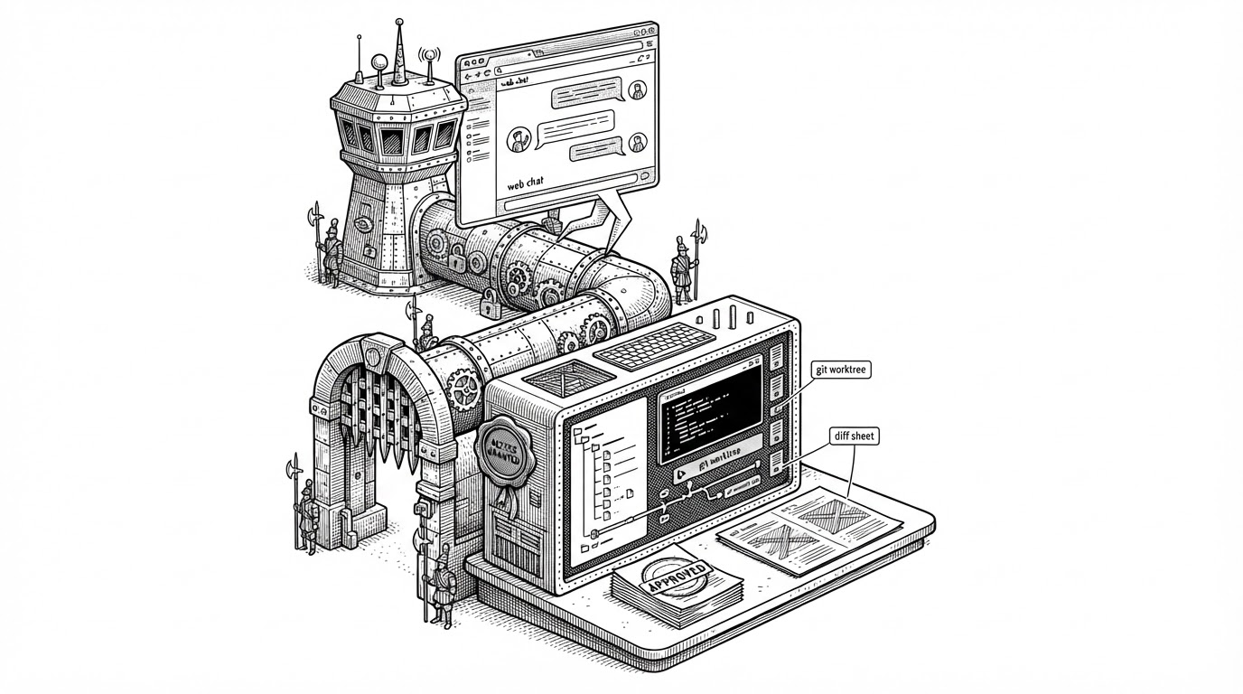 A browser chat window acts like a control tower above a local developer workstation. A guarded tunnel connects the web interface to a folder tree, terminal, and git worktree on the machine below. The image explains DevSpace's core idea: web-based AI can operate locally, but only through a narrow permissioned path.