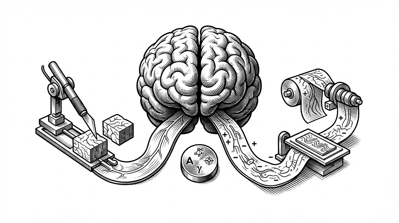A close-up shows one model brain splitting into two editing paths. One path leads to a precise block replacement tool, the other to a patch stream with diff markers and staged changes. A selector sits between them, showing that the system routes the same request through model-specific tool surfaces.