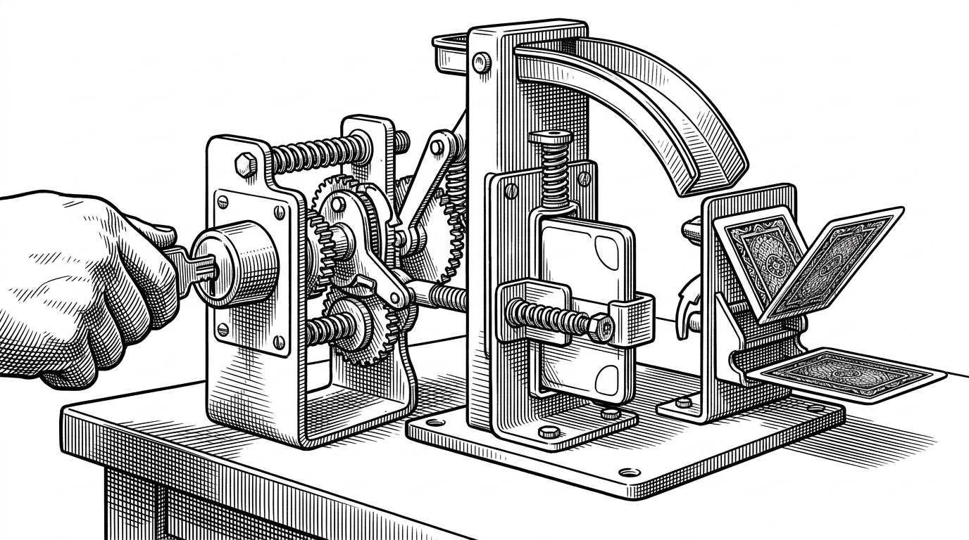 Three interlocked mechanical parts sit on a workbench: a payment authorization tag, a private room key, and a consultation record card. The authorization tag is held in a spring slot, the room key turns only when an admin hand enters, and the record flips from pending to captured when the mechanism completes. The image explains how payment, identity, and session state are synchronized.