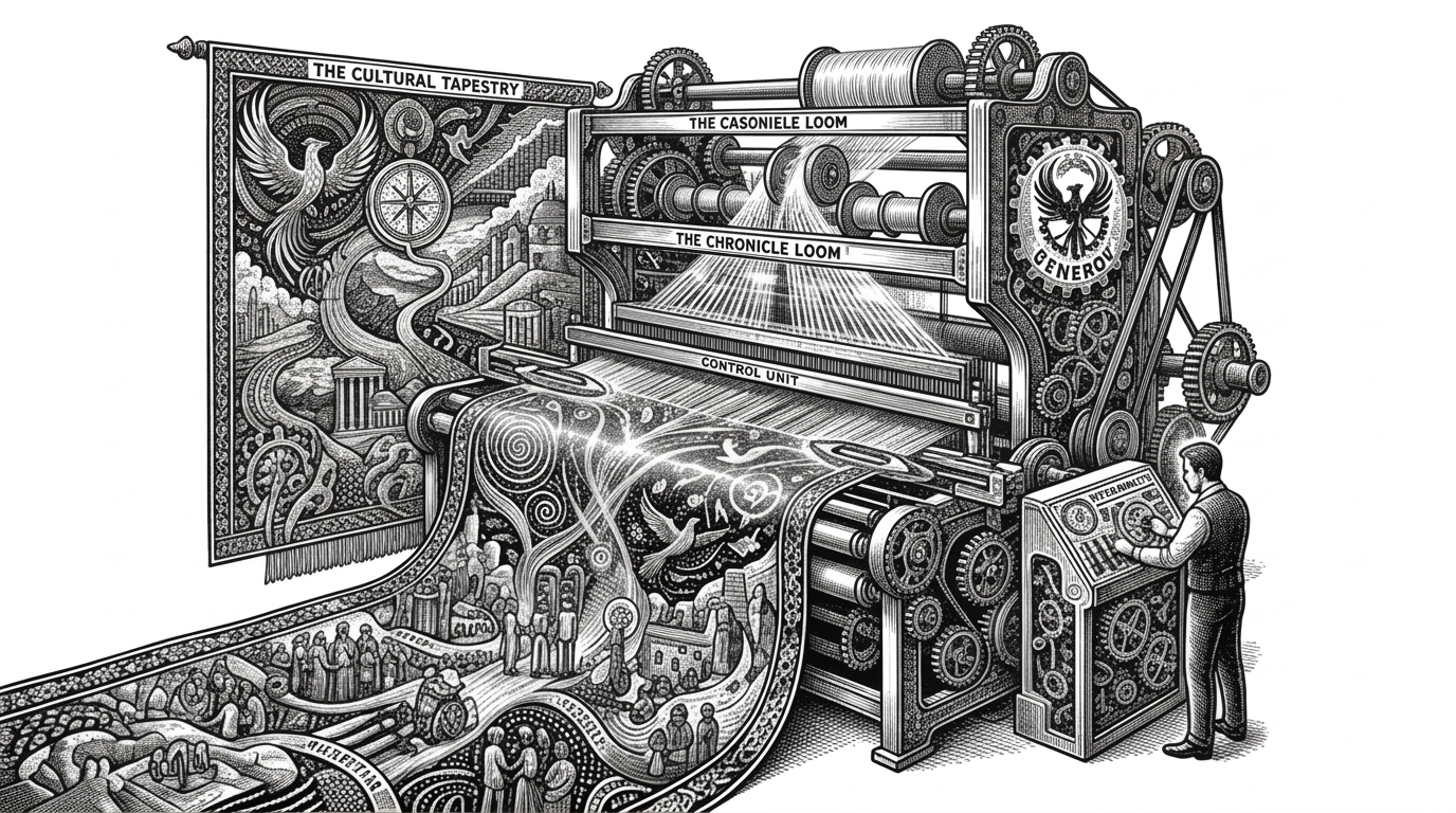 A complex mechanical loom seamlessly weaving intricate threads into a moving tapestry, symbolizing user scripts injecting into a game engine.