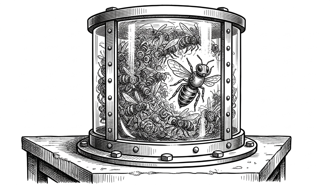 A thick glass terrarium bolted to a steel table, containing a swarm of mechanical bees. One bee is pressed against the glass, unable to escape.