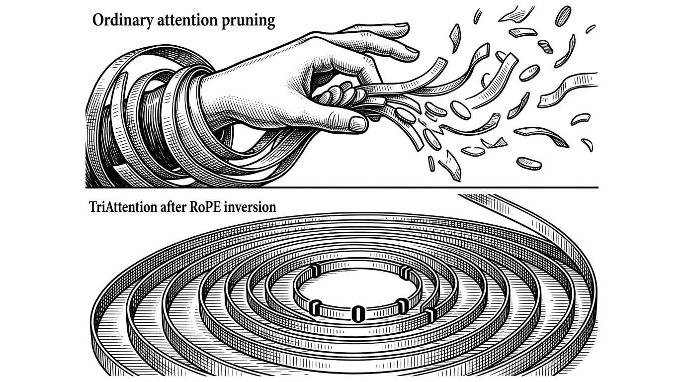 A close-up split composition shows ordinary attention pruning on top, grabbing a few recent tokens from a noisy trail, while the lower panel shows unwound RoPE revealing concentric frequency bands and a small set of stable key candidates. The image explains the shift from reactive eviction to predictive scoring.