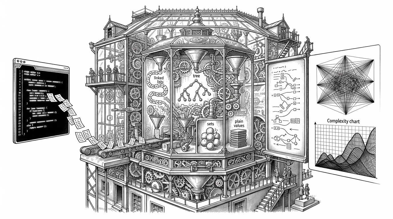 A wide editorial scene of a debugger console transformed into a glass chamber. Execution slips move from a code editor into a sorting mechanism, then emerge as narrated frames beside visualizers and a complexity chart. It explains Glassbox as a pipeline where facts become structure, and structure becomes explanation.