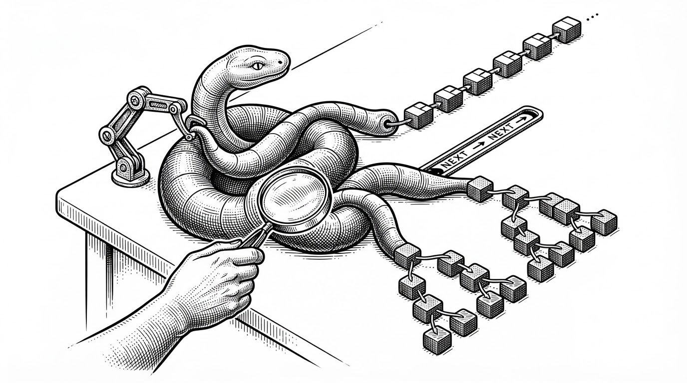 A close-up inspection of a single Python object being classified by shape. One branch is labeled with `next`, another with `left` and `right`, and the tracer routes the object into the correct visualizer panel. It explains how Glassbox infers data structure type from object fields instead of waiting for manual annotation.
