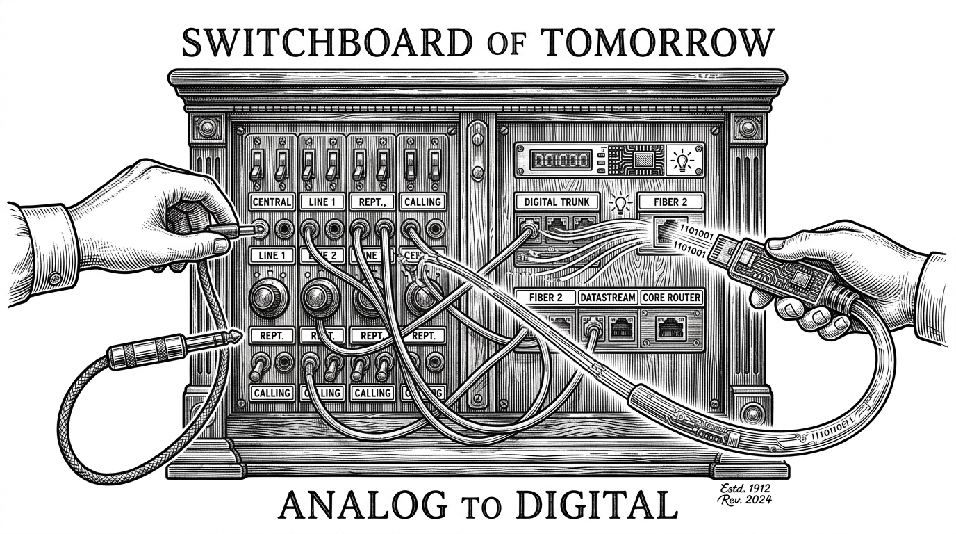 A vintage telephone switchboard being upgraded with fiber optic cables, representing WordPress adapting to modern AI protocols.