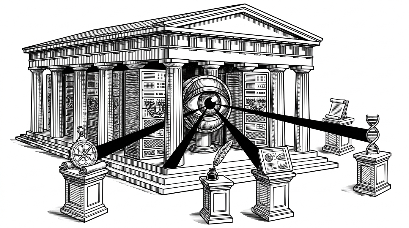 A classical Greek temple constructed of server racks, projecting beams of light to external pedestals.