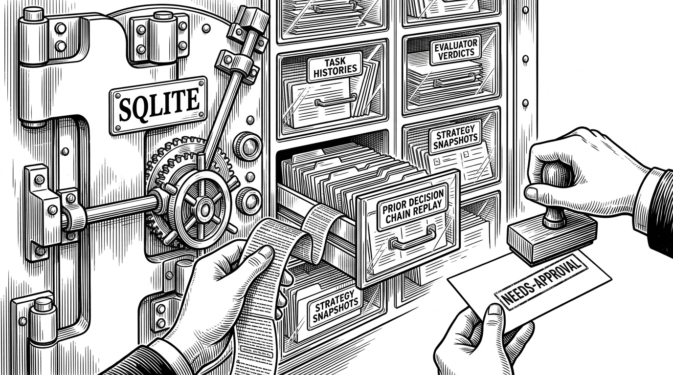 A close-up of a sealed vault labeled SQLite with transparent drawers holding task histories, evaluator verdicts, and strategy snapshots. One drawer is being reopened to replay a prior decision chain while a new task card is stamped needs-approval.