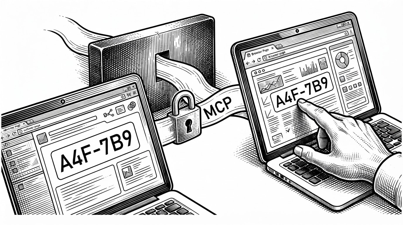 A close black-ink scene shows a short-lived pairing code on a local screen while a hand enters it into a browser page. A lock encloses the approved connection, and a blocked path sits behind a hard barrier, explaining how authorization narrows access to the bridge.