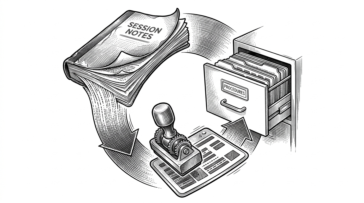 A close-up loop with a session notebook compressing into a checkpoint stamp, which then becomes a reusable workflow card filed back into the system. The image explains how MiMoCode turns repeated work into durable skills.