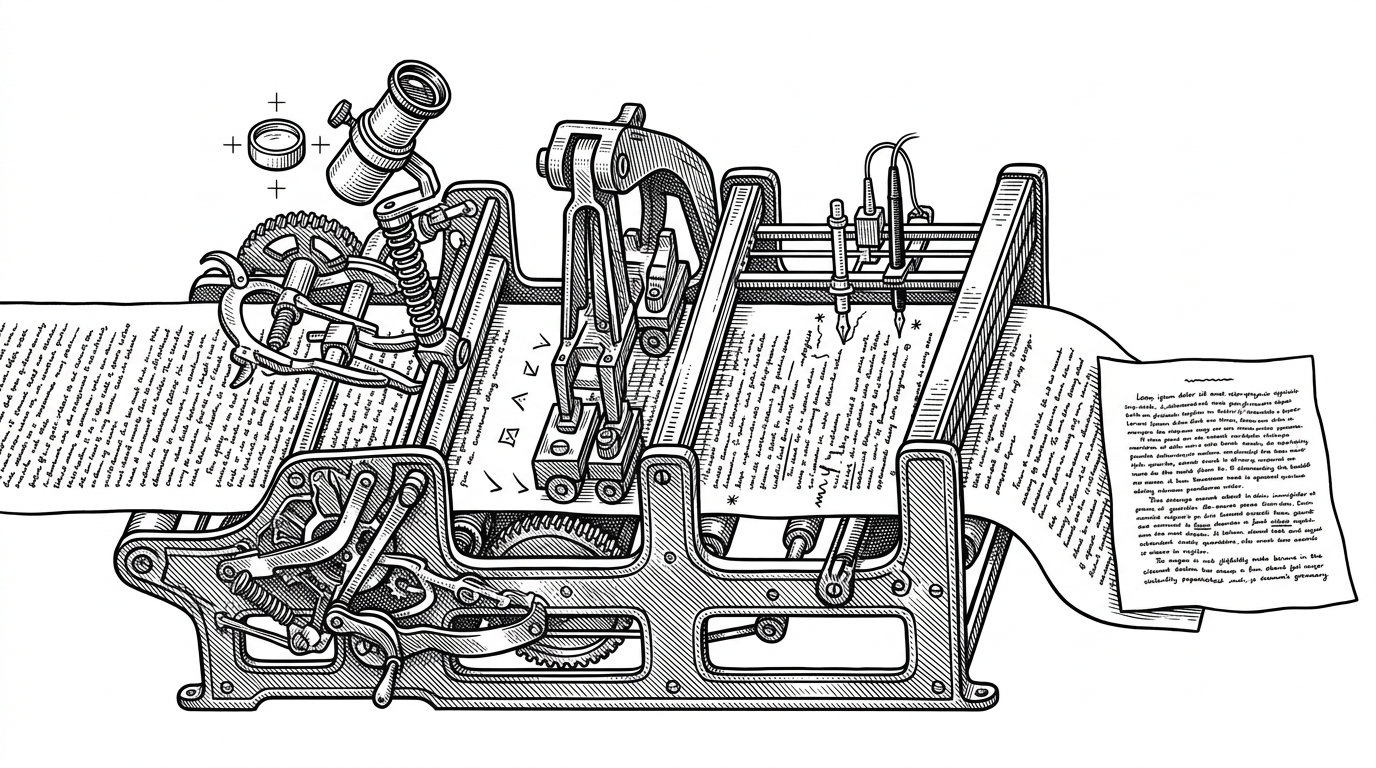 A close-up mechanical press transforms an essay through four stages, from validation to scoring to annotation to rewrite. It explains how the writing skill turns feedback into a structured learning loop rather than a verdict.
